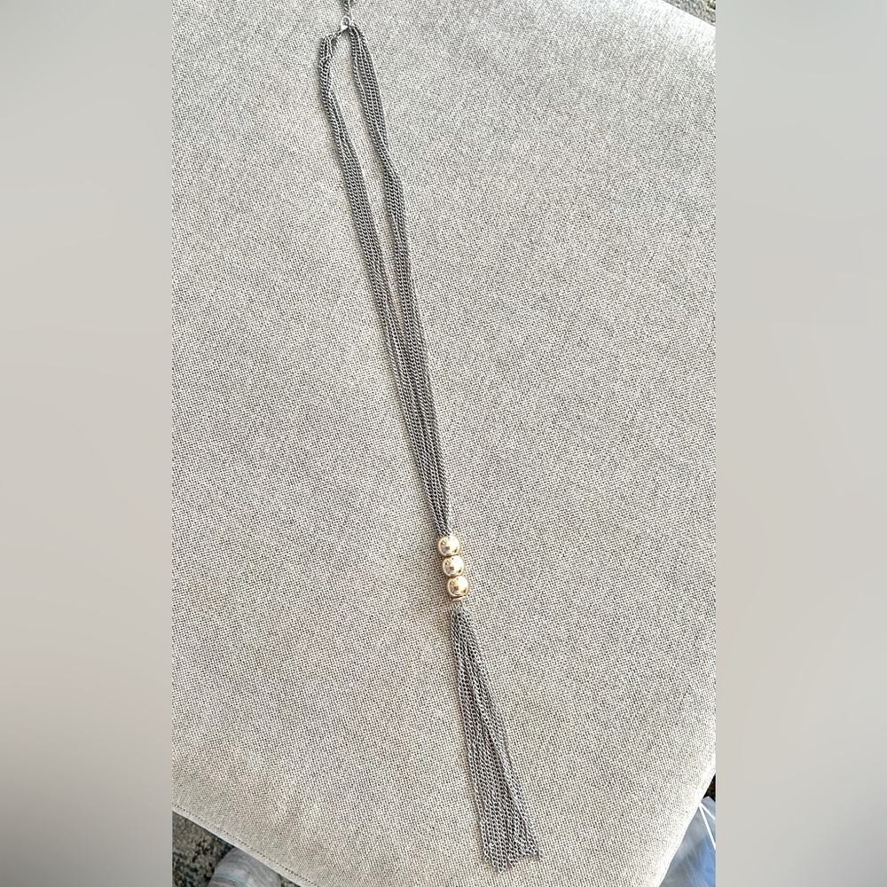 Long two tone lariat fringe necklace